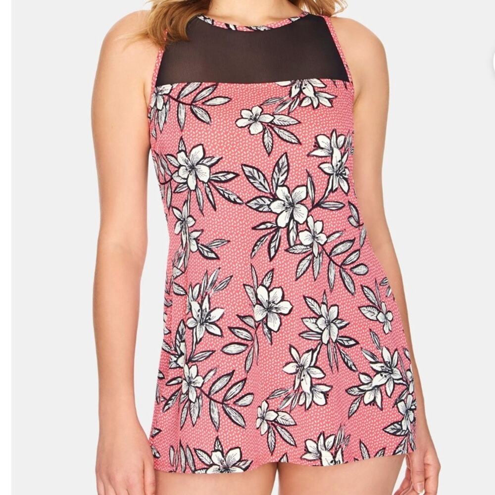 Swim Solutions Women's Red/Black/White Floral Catalina Mesh Swim Dress sz 8